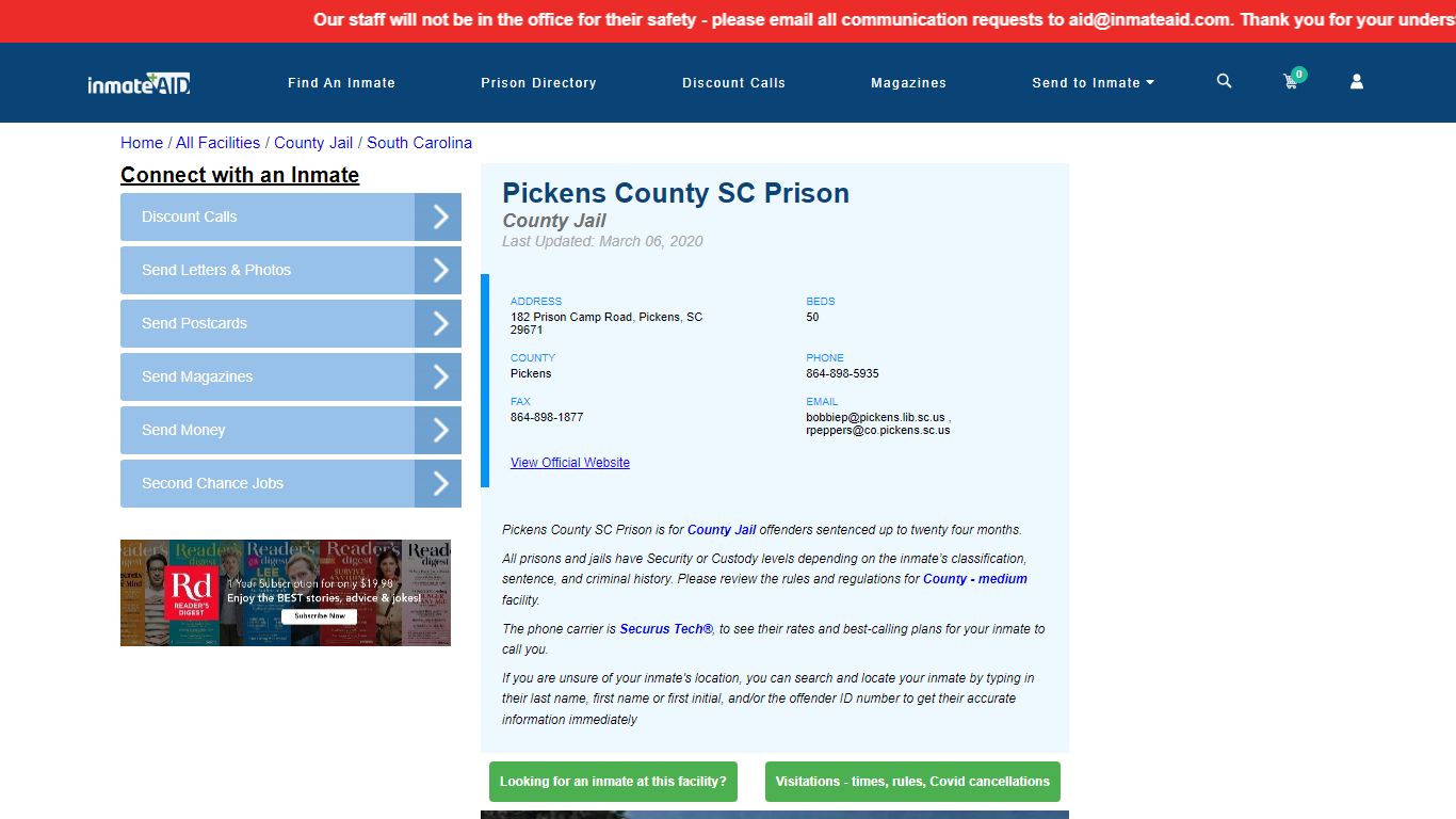 Pickens County SC Prison - Inmate Locator - Pickens, SC